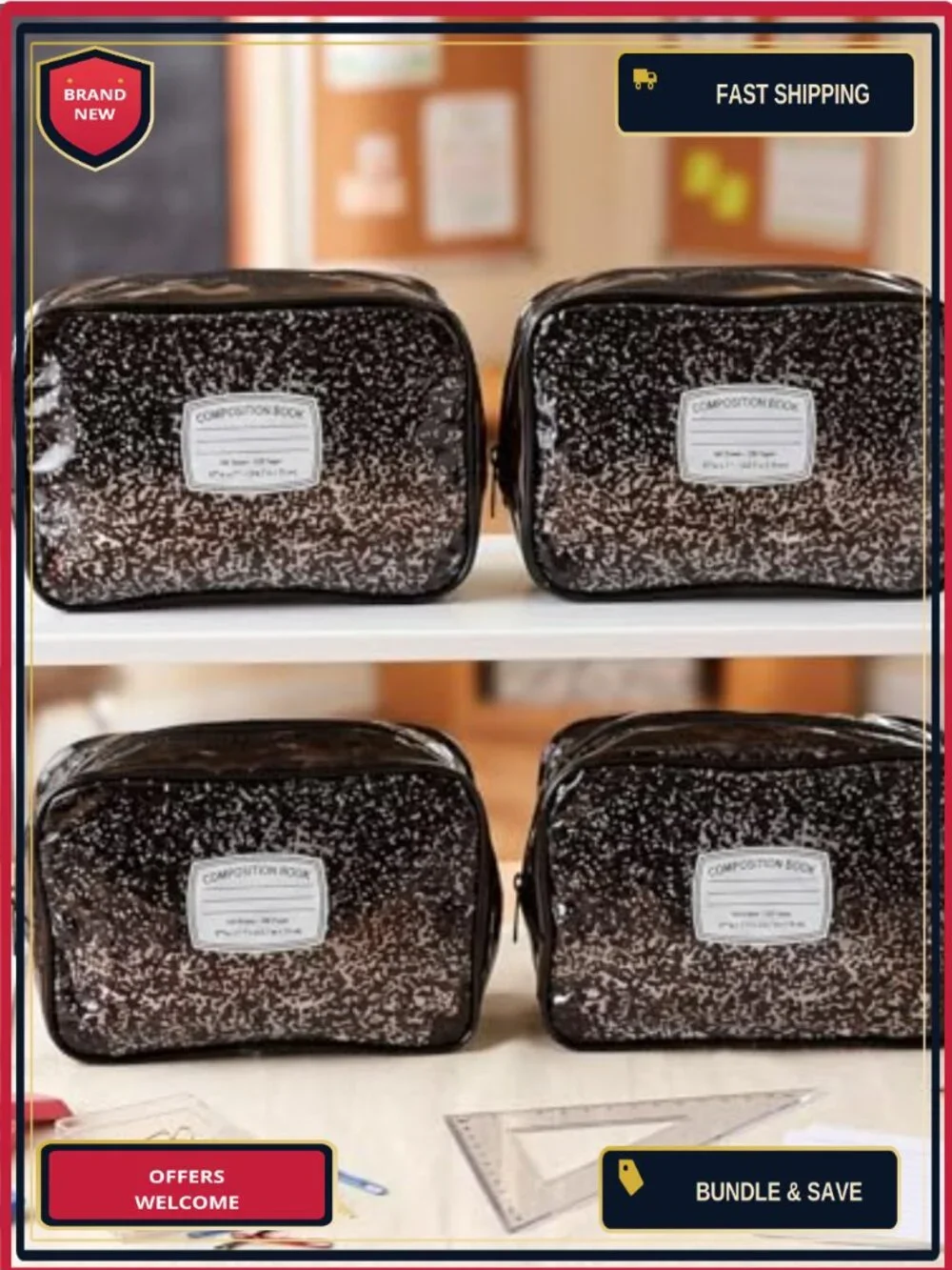12 Pack Clear PVC Waterproof Cosmetic Bags, Composition Book Zipper Pouches,